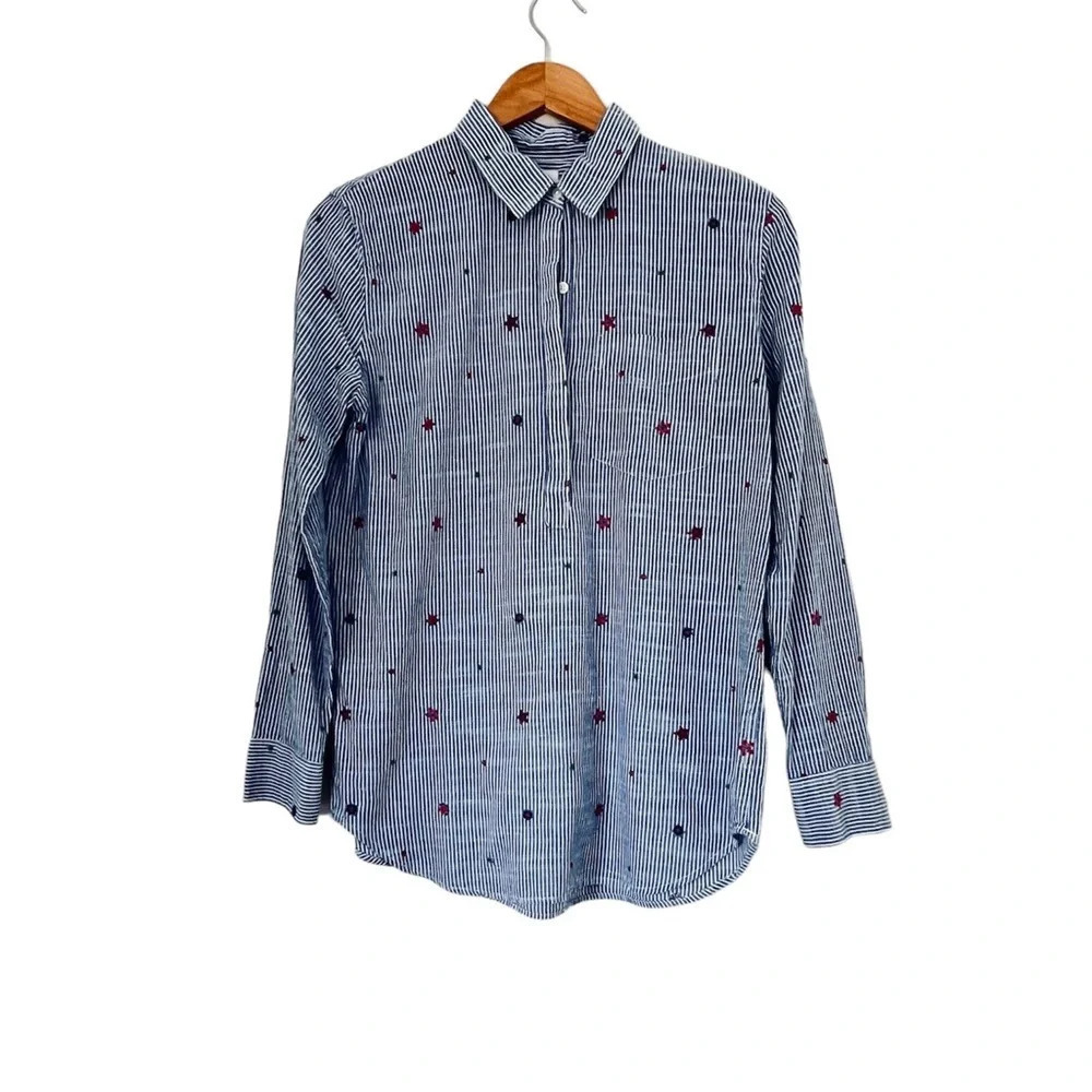 GAP Women’s Shirt Small Blue Red Floral  Embroidered Striped Boyfriend Popover
